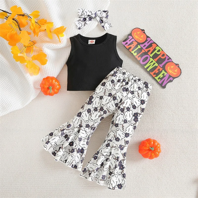 

Комплект одежды на Хэллоуин для маленьких девочек, модный однотонный жилет с рисунком призрака, расклешенные брюки, повязка на голову с бантом, комплект из 3 предметов