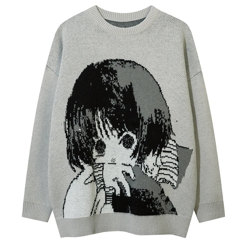 

Anime Girl Retro Black Sweater Men Woman Fall Winter Knitted Pullover Couple Harajuku Oversized Jumper Y2K Hip Hop Streetwear