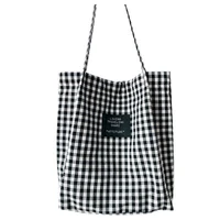 fashion durable women student cotton linen single shoulder bag shopping tote check plaid female flax canvas bags