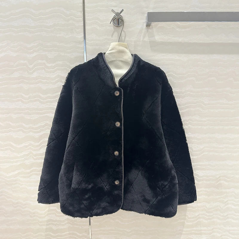 2024 модный зимний женский топ из овчины с ромбовидной клеткой винтажное пальто