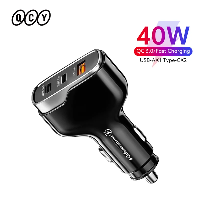 

QCY 3 Port Car Charger 40W PD Fast Charger QC 3.0 USB Type C Car Charger For iphone 13 12 Xiaomi Huawei Samsung Quick Charger