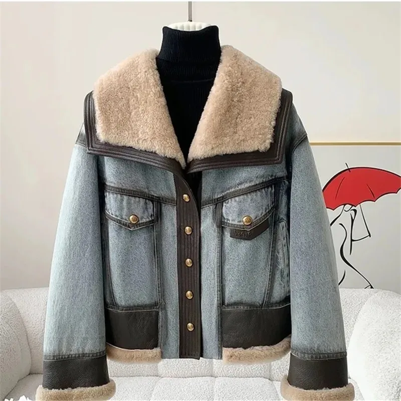 Высококачественные джинсовые женские зимние куртки из натуральной овечьей кожи