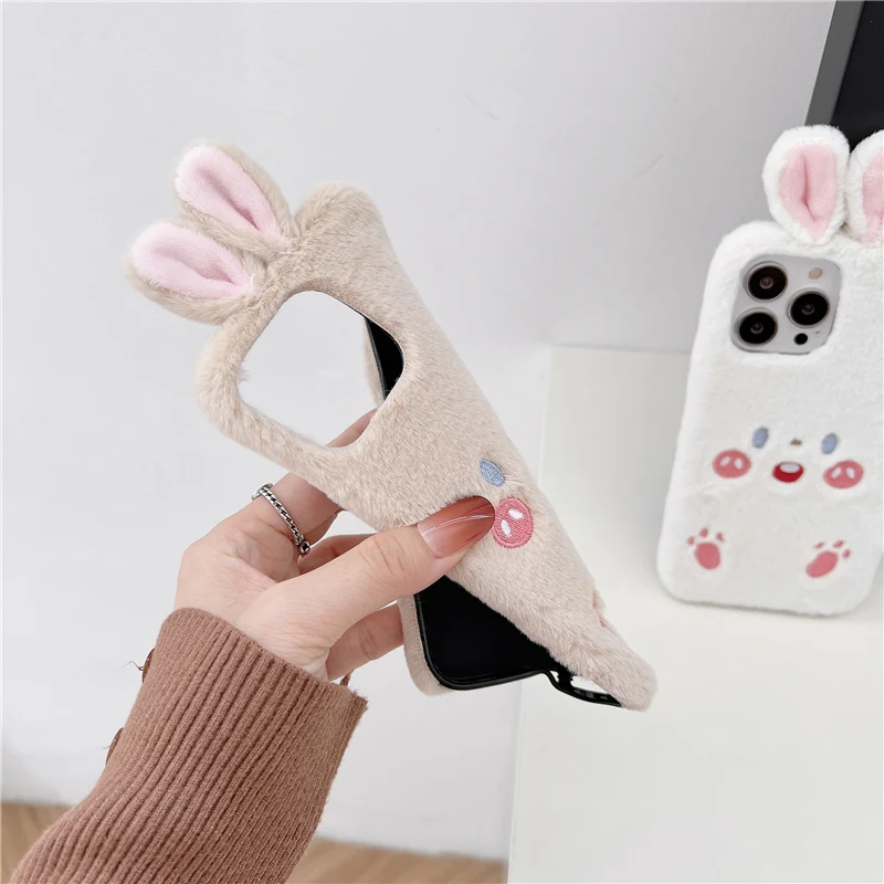 Милый 3D плюшевый чехол для телефона с кроличьими ушками iPhone 12 11 Pro Max 13 Mini X XR XS 7 8 Plus
