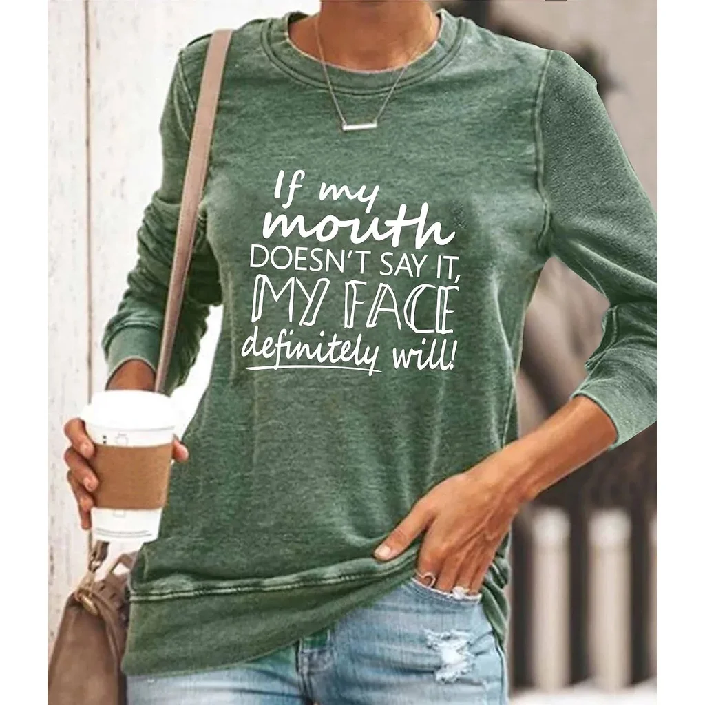 

2022 [New In] Women's Long Sleeves 3d Print T Shirt Round Neck Basic Vintage Tops With Slogan