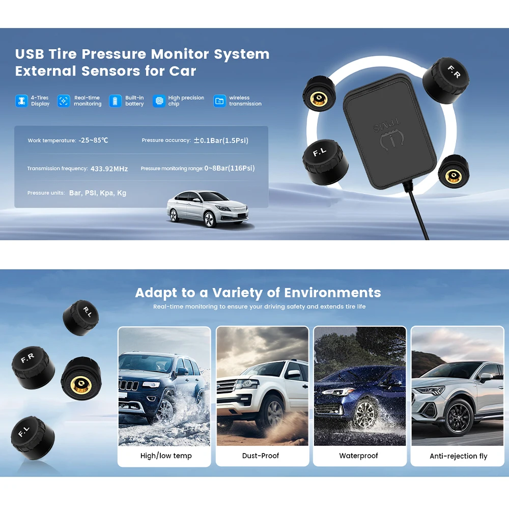 USB Android TPMS Система контроля давления в шинах Дисплей Сигнализация Внешние датчики