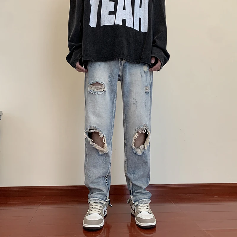 Men's Jeans Wide Leg Straight Jeans Ripped Street All-match Denim Trousers Men's Loose Casual Fashion Harajuku New Streetwear