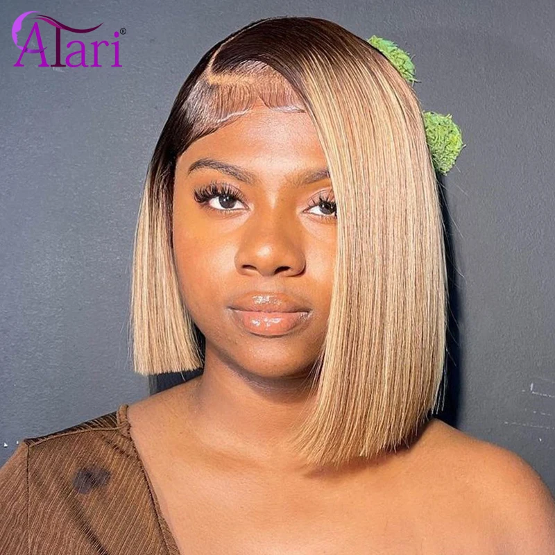 

Ombre Honey Blonde with Black 5x5 Lace Closure Straight Bob Wig Transparent 13x4 Lace Frontal Short Bob Wig Human Hair Bob Wigs