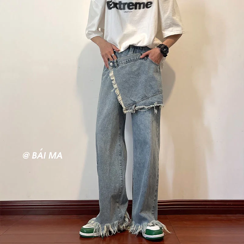 

Мужские байкерские джинсовые брюки из двух частей, дизайнерская уличная одежда с грубыми краями, джинсы высокого качества, мешковатые синие повседневные брюки с карманами, 2022