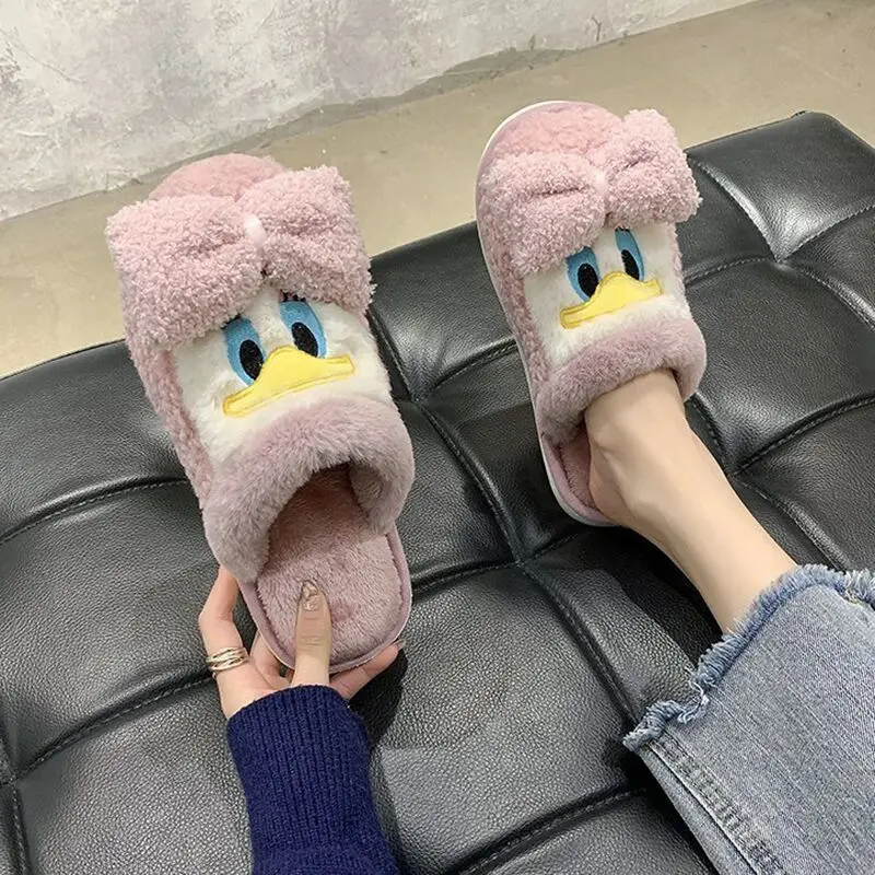 Disney Daisy Duck Slippers For Girls Children Lovely Cartoon Flat Casual Shoes Inside And Outside Purple Pink Shoes With Fur