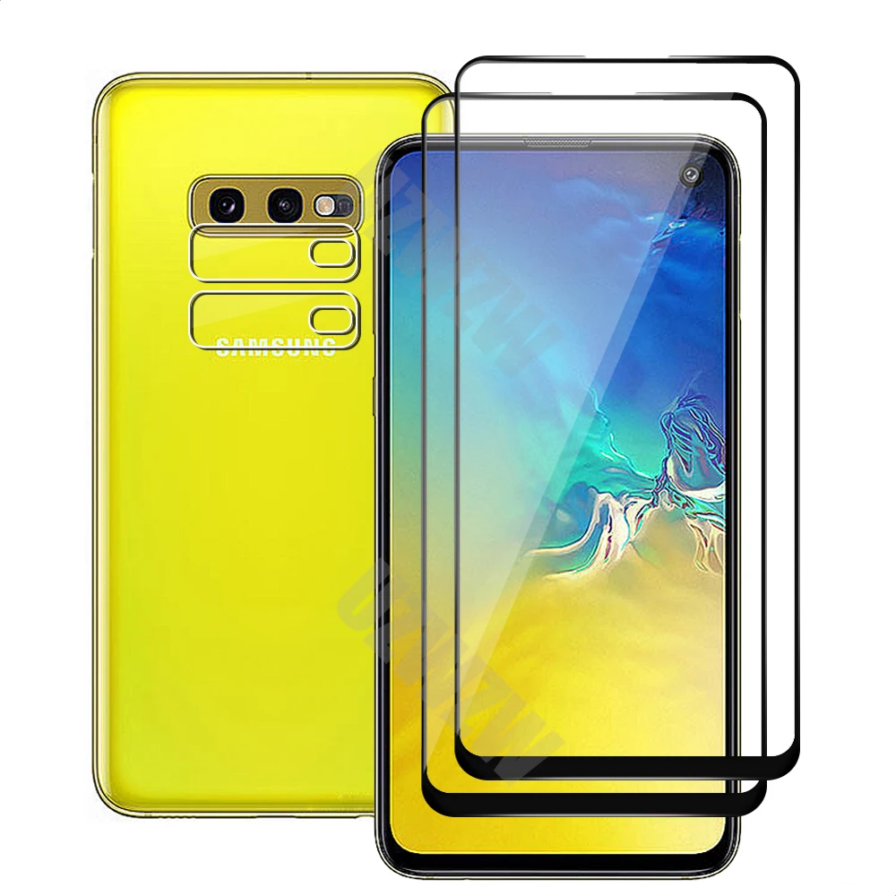 (2+2) For Samsung Galaxy S10e (2pcs) Full Coverage Tempered Glass Screen Protector & (2pcs) Camera Lens Protective Film
