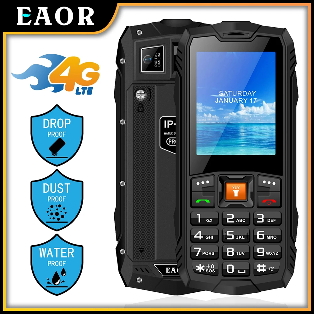 EAOR 4G Waterproof Phone 2500mAh Big Battery Feature Phone Dual SIM Anti-fall Keypad Phone Rugged Phone with Glare Flashlight
