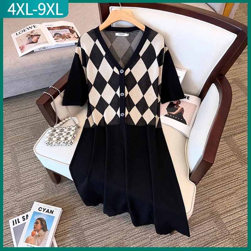 

2023 Новое женское летнее трикотажное платье дамский размер короткие рукава эластичная черная сетка лабиринт платье 4XL 5XL 6XL 7XL 8XL 9XL
