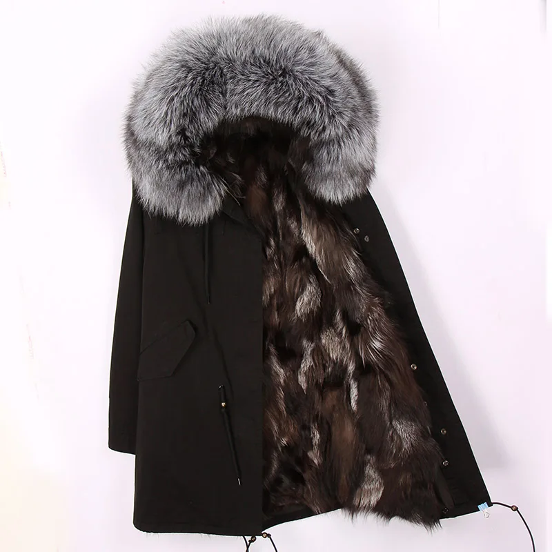 Mao mao kong Winter Women's Fur Jacket Long Outdoor Tops Real Fox Fur Lining Parka ED44  Women's coat
