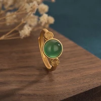 vintage style gold rings for women inlaid green natural jade beads dimple china style jewelry opening adjustable ring gifts 2022