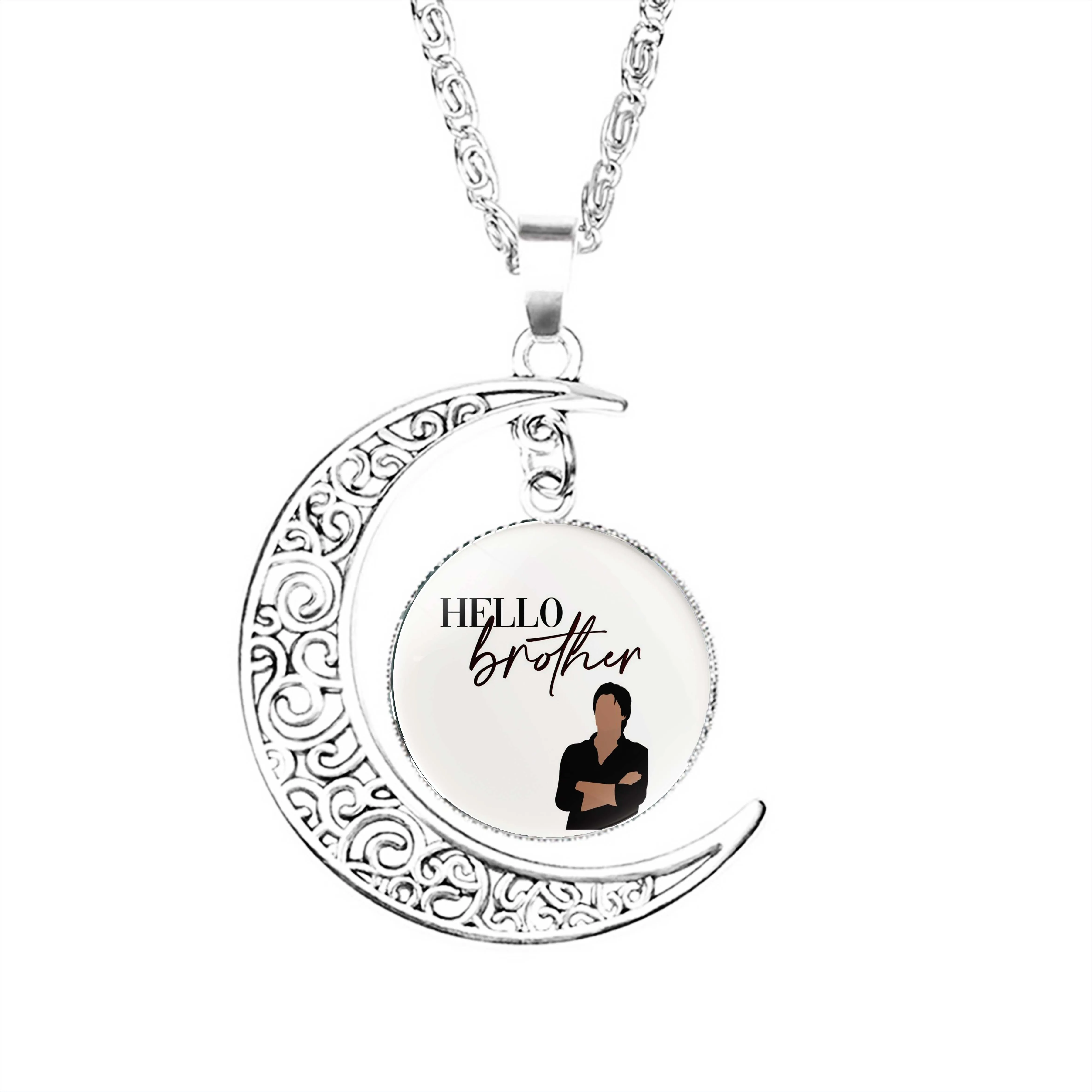 Hello Brother Damon Salvatore Vampire Diaries  Moon Necklace Charm Jewelry Glass Fashion Pendant Accessories Party Lady Jewelry