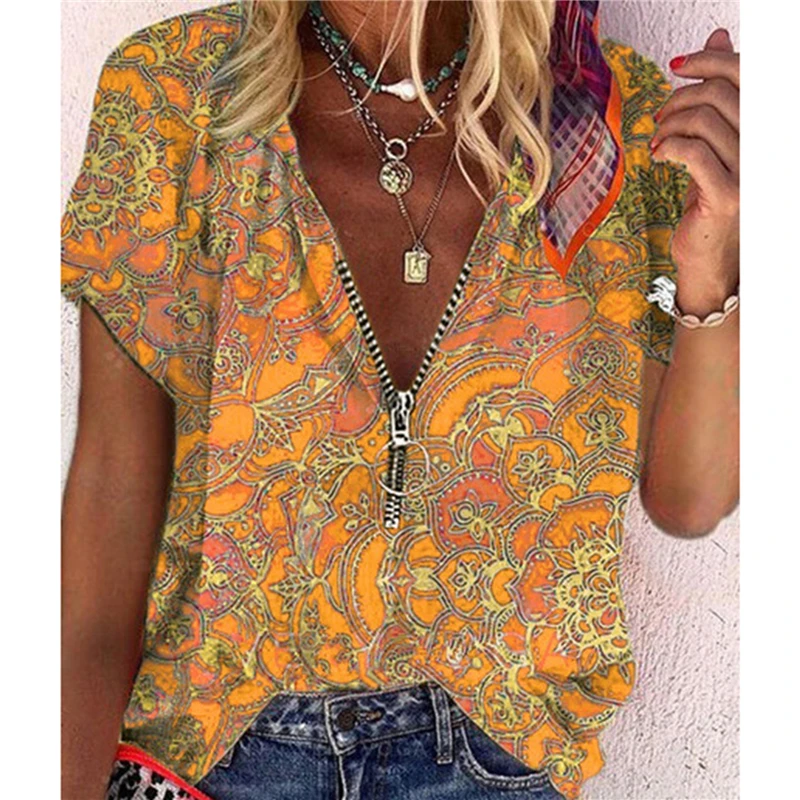 

Vintage Zipper Blouse Women's Summer Retro Print V-neck Zipper Short Sleeve Loose Shirt Blouse Ladies Casual Breathable Tops