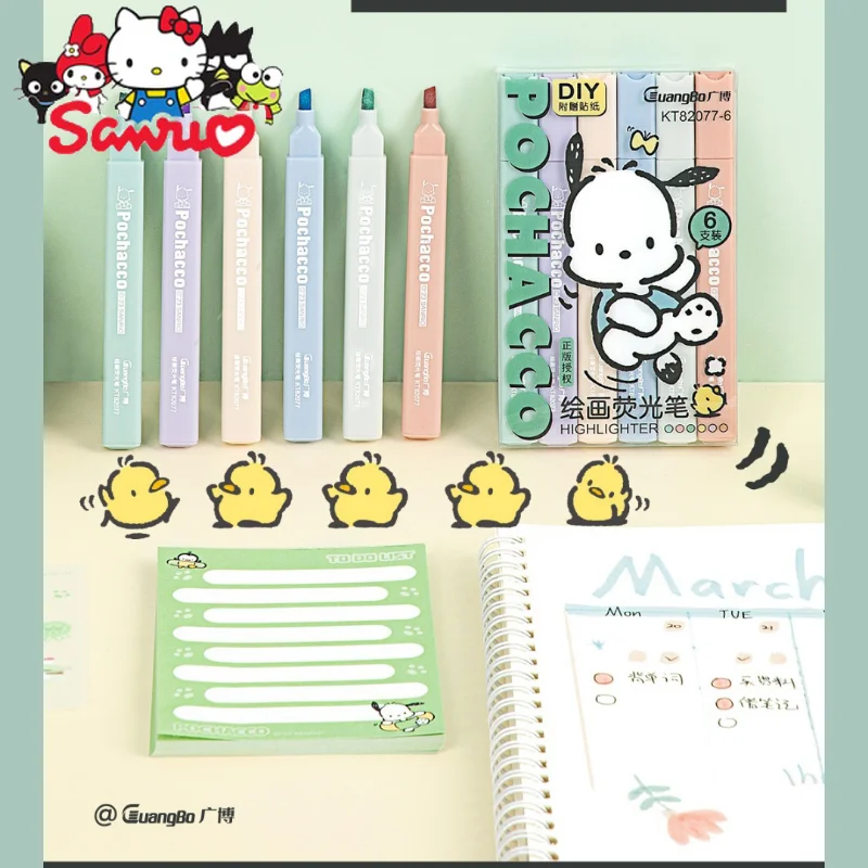 

Sanrio Melody Kuromi, Hello Kitty Cinnamoroll Pochacco 1Set(6Pc) Macaron Highlighters Markers and Markers for Student Take Notes