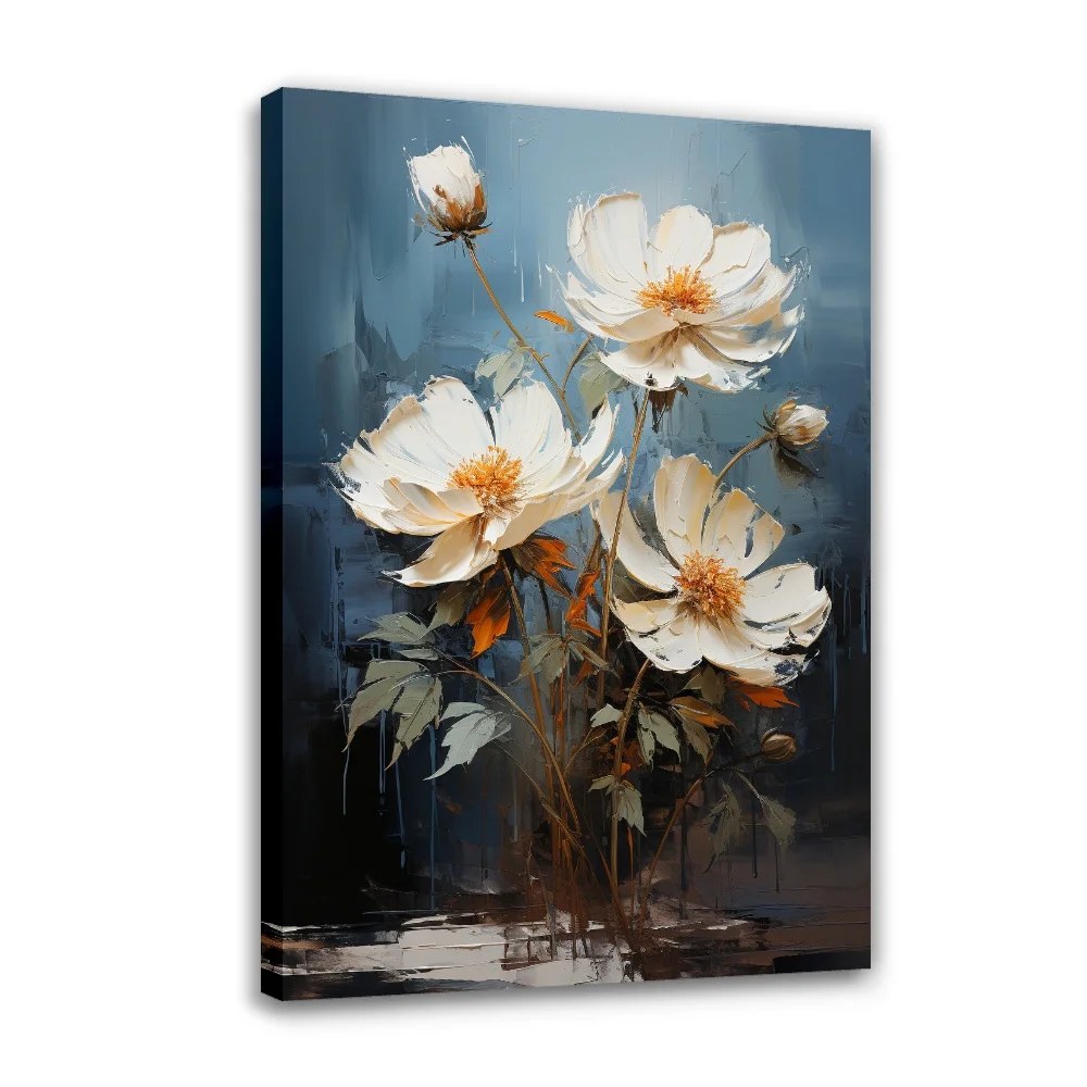 

Forbeauty Blue Background Green Leaves White Flower Framed Gallery Canvas Painting Colorful Vase Antique For Home Decoration