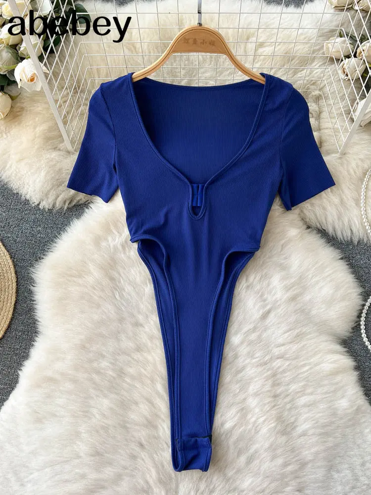

Летние однотонные женские комбинезоны, корейские волнистые пикантные эластичные облегающие комбинезоны с V-образным вырезом, Модные полые ...