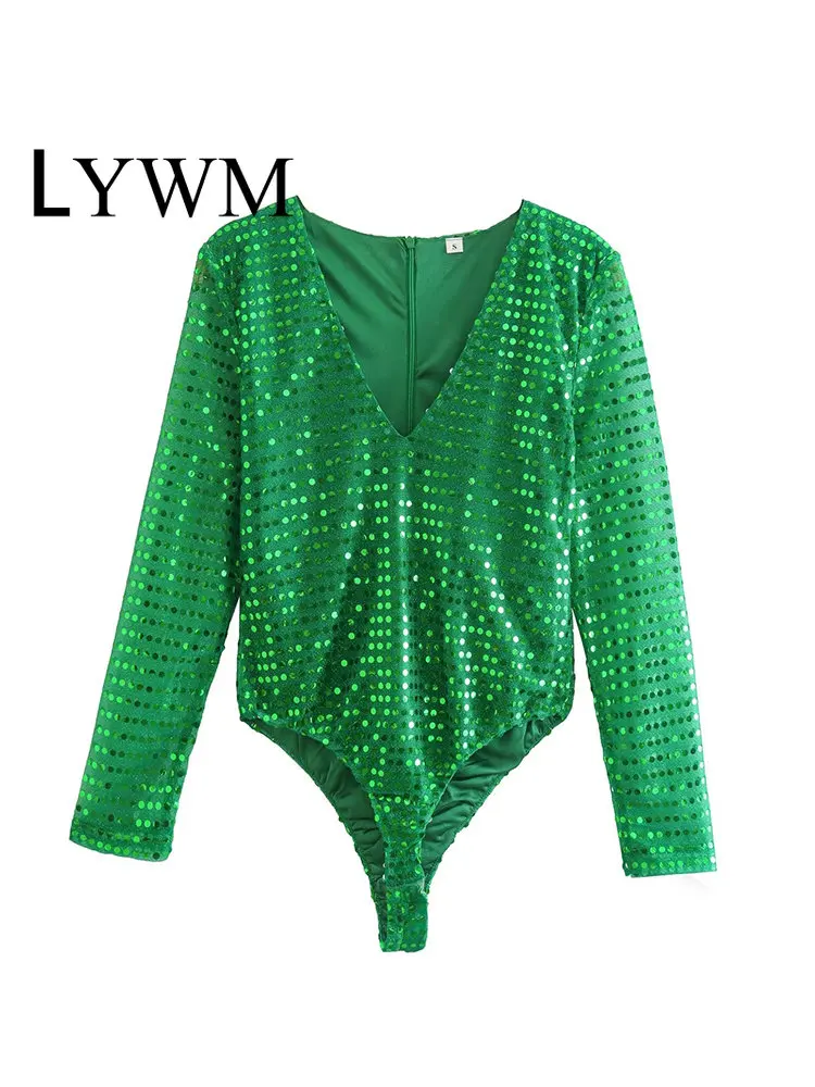 

Женское модное однотонное боди LYWM с блестками, винтажный женский шикарный Повседневный сексуальный комбидресс с V-образным вырезом и длинными рукавами