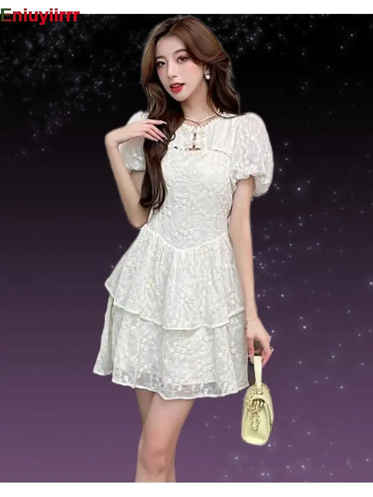 

Retro Vintage Stand Collars Lace Romantic Dresses 2022 Woman Summer Layer Party Date Cute Floral Short Mini Dress