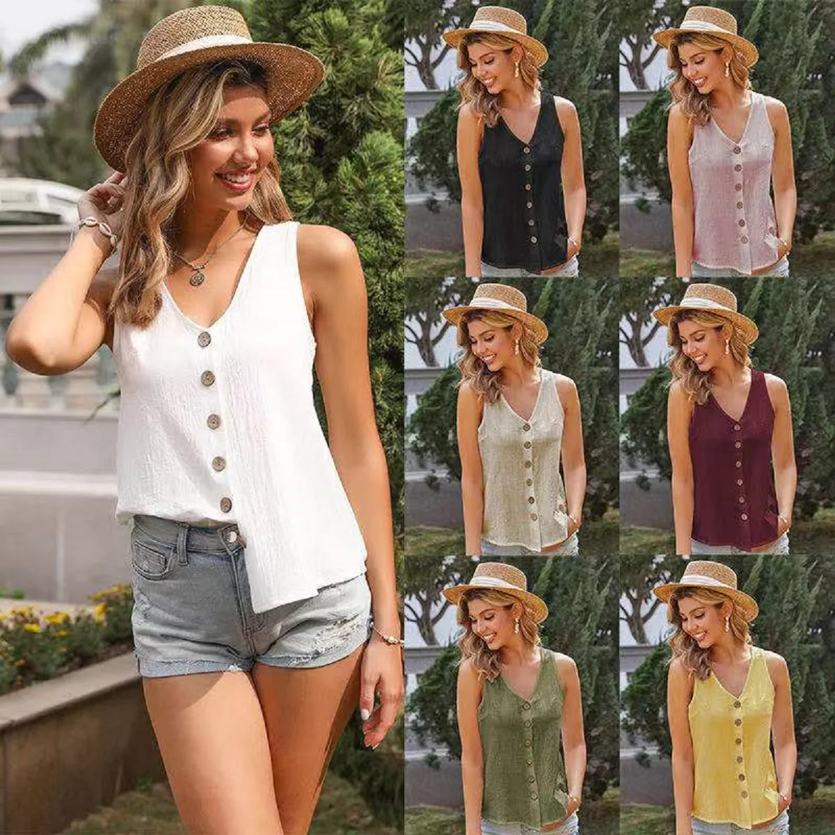 

Women's 2022 summer new solid color V-neck vest, European and American button casual tank cotton linen top