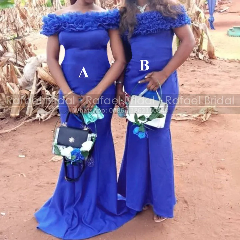

Ruffles Off Shoulder Mermaid Bridesmaid Dresses Long Royal Blue Women Trumpet Prom Dress Wedding Party Gown