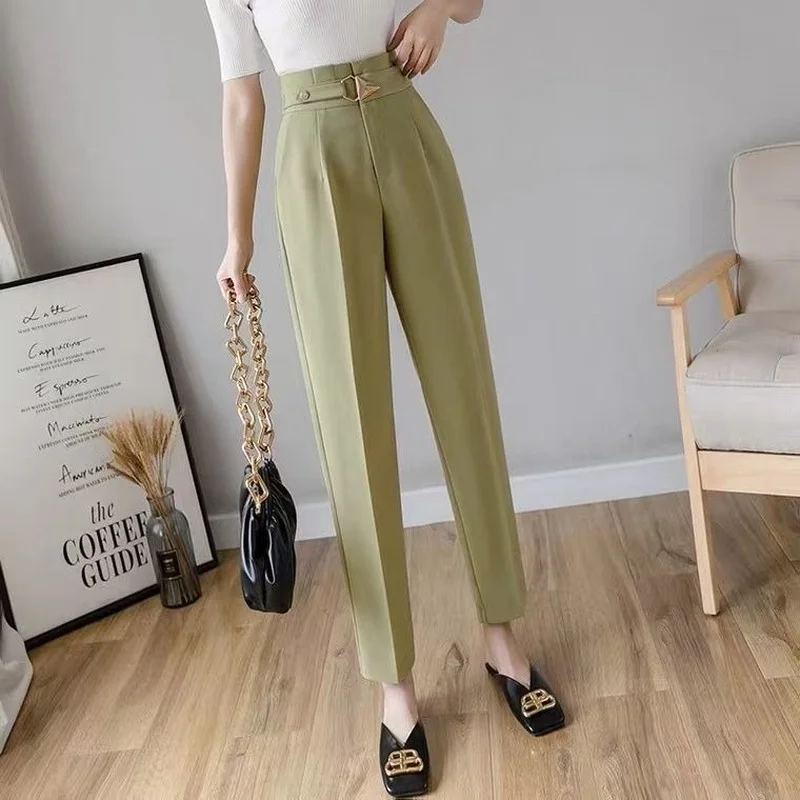 

Casual Pants Women Spring Office Lady Elegant Ankle-length Straight Trousers Simple Leisure High-waist All-match Female E158