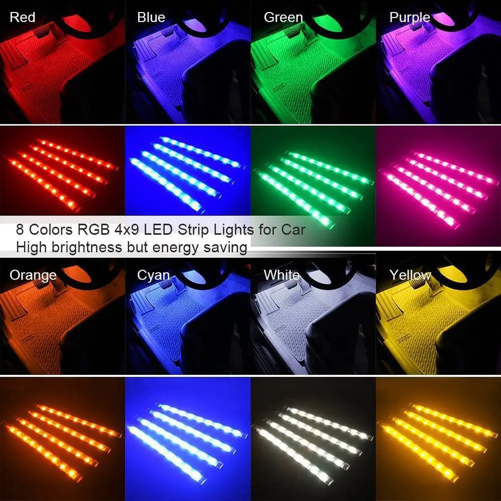 Фото Хит продаж: 4x DC12V 9 LED RGB USB-подсветка для ног в салоне автомобиля, 4x DC12V 9 LED RGB USB-подсветка для создания атмосферы в салоне автомобиля №3