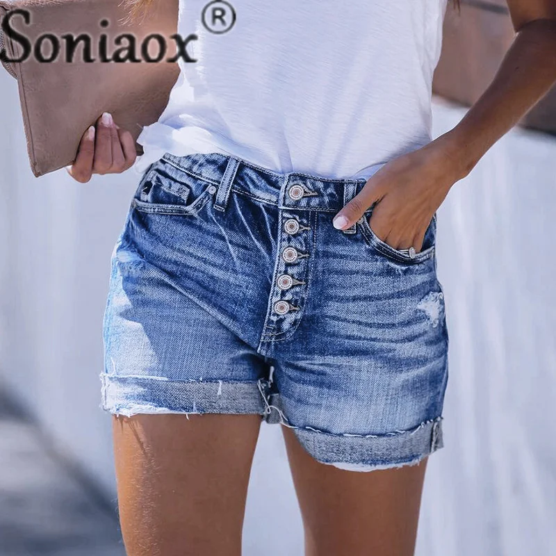Fashion Broken Holes Multi-button Splice Denim Shorts Ladies Summer Women Commuter Straight Three Quarter Pants Trend Streetwear