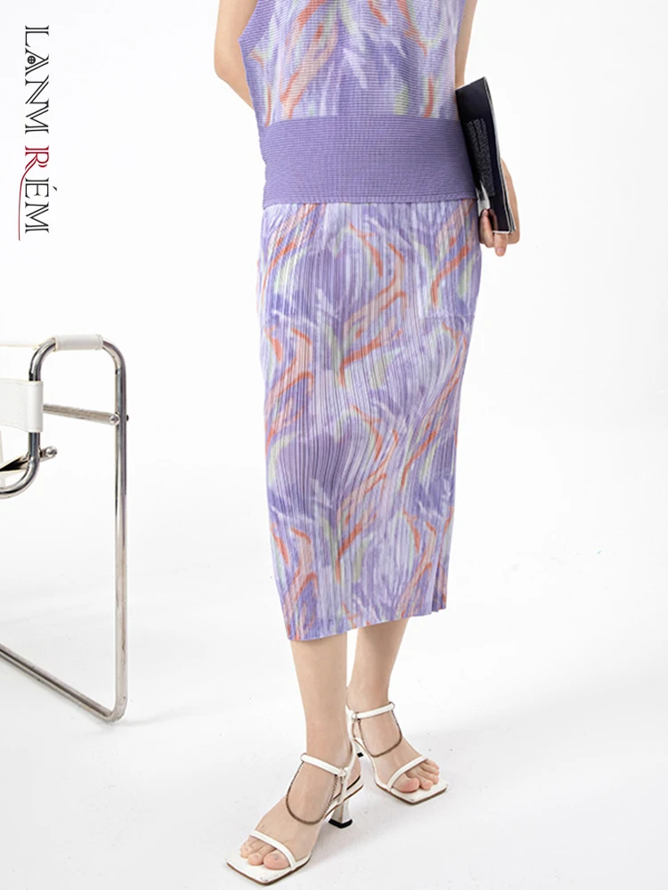 

LANMREM Pleated Geometry Print Split Skirt For Women Skinny Elastic High Waist 2022 Summer Female Fashion Clothing 2I420