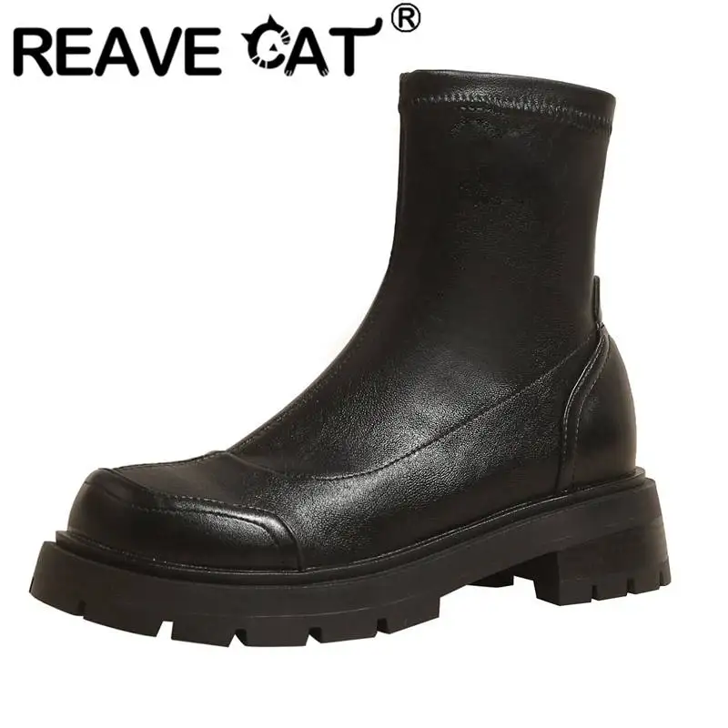 

REAVE CAT Women Boots Round Toe Thick Heel 4.5cm Splice Suede Platform Slip-on Big Size 42 Solid Black Concise Daily Shoes S4208