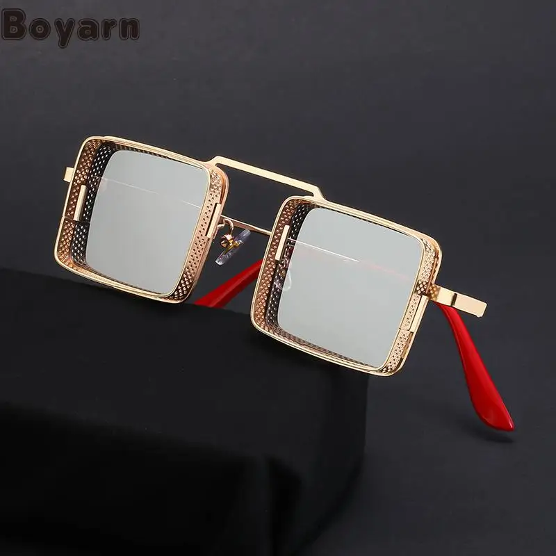 

Boyarn Luxury Brand Design Personality Steampunk Metal Hollow Out Sunglasses Men's Square Sunscreen Sunglasses Women's Cross-bor