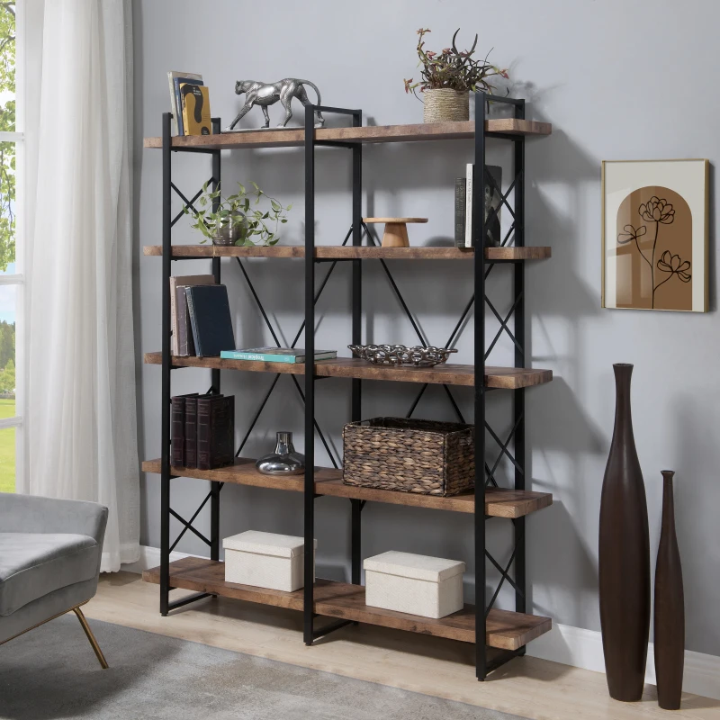 

Modern Home Office 5 Tier Bookshelf, X Design Etageres Storage Shelf, Industrial Bookcase for Office with Metal Frame