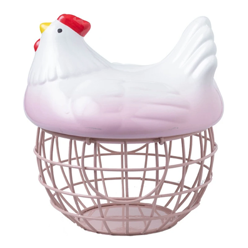

Ceramic Egg Holder Handle Metal Chicken Ornament Home Decorative Fruit Storage Basket For Kitchen Organizer