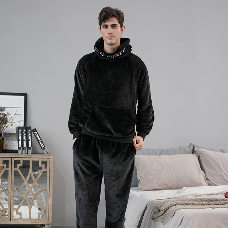 Winter New Men's Flannel Hooded Pullover Pyjama Set Thick Warm Long Sleeve Velvet Sleepwear Suit Couples Casual Home Costumes