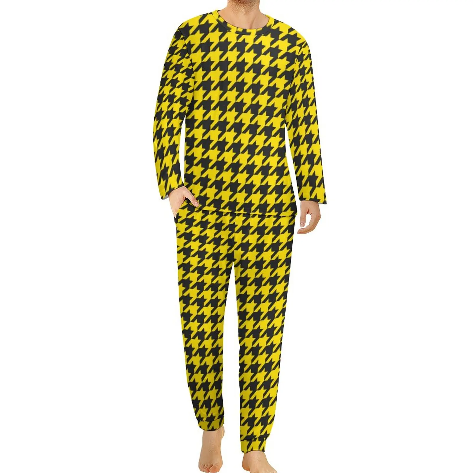 Yellow Black Houndstooth Pajamas Men Vintage Print Elegant Nightwear Autumn Long Sleeve 2 Piece Bedroom Graphic Pajama Sets