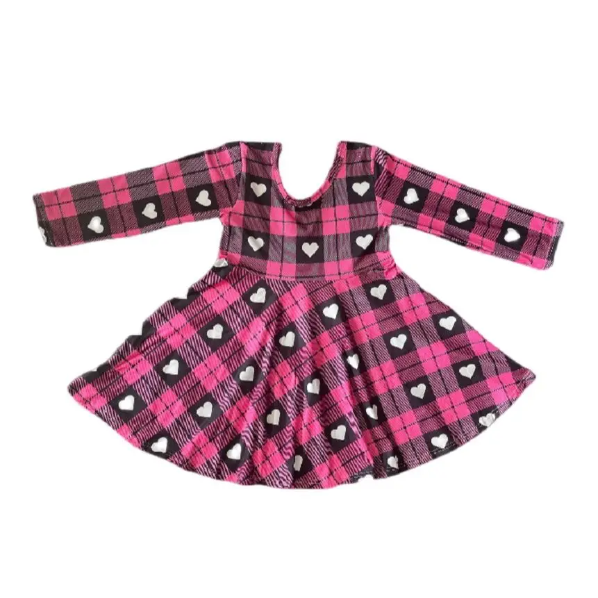 

Wholesale Children's Valentine's Day Clothing Long-Sleeved Heart-Shaped Love Plaid Dress
