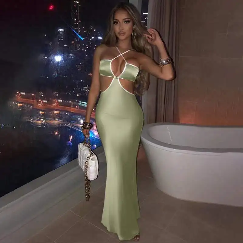 

Women Hollow Out Strap Maxi Dress Backless Bodycon Sexy Soild Color Streetwear Party Club Elegant Festival Evening 2022 Summer