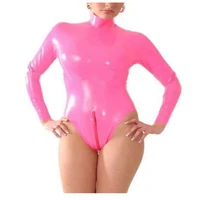 handmade women latex catsuit pink with back crotch zip rubber bodysuit tights fetish
