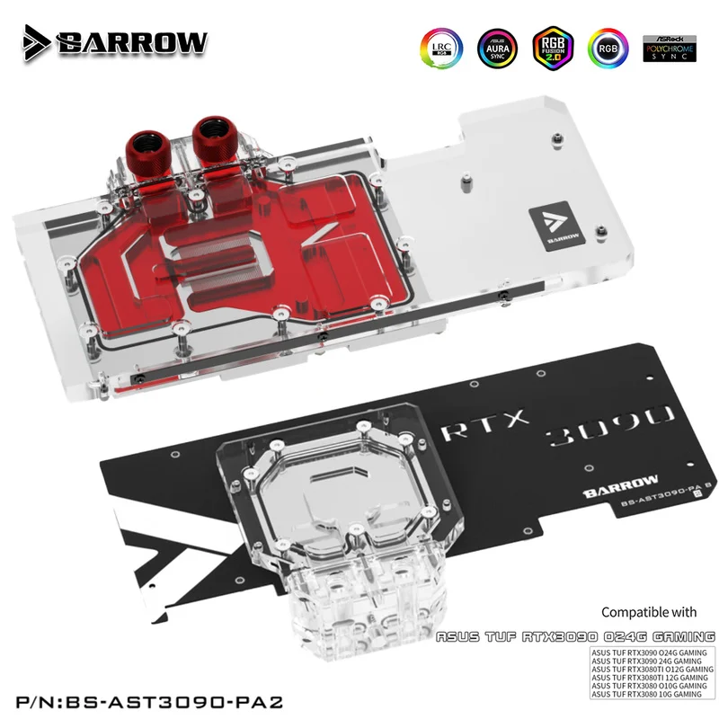 Barrow GPU Water Block For ASUS TUF RTX 3090 3080 GAMING,Full Cover GPU Water Cooler,Water cooled Backplate,BS-AST3090-PA2