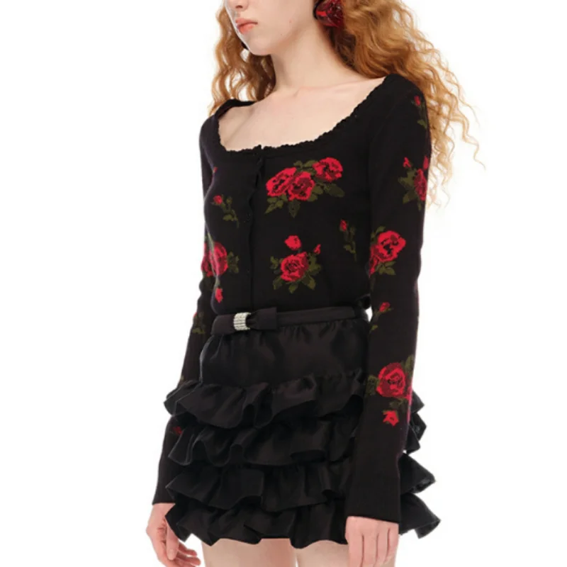 

Women's vintage rose jacquard knitted cardigan women's square neck long sleeve single breasted short sweater 2023 new