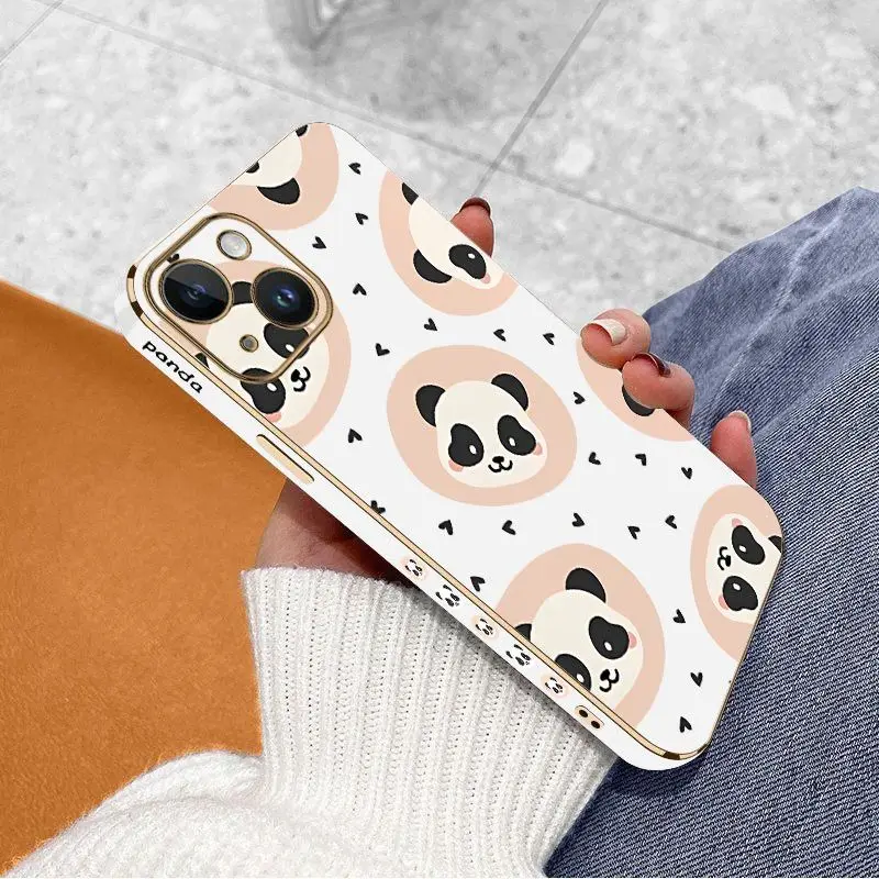 Love Panda Luxury Plating Phone Case For iPhone 14 13 12 11 Plus Pro Max Mini X XR XS SE2020 8 7 6 6S Plus Cover