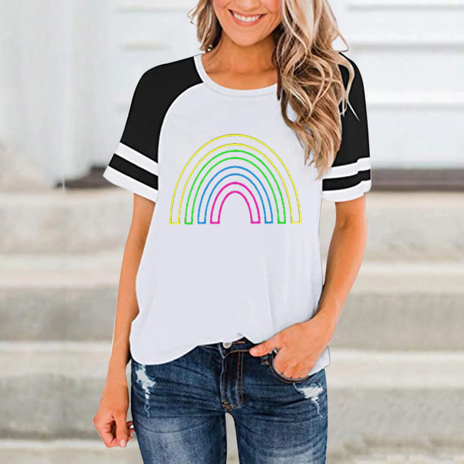 

Модные женские Топы в полоску с круглым вырезом и коротким рукавом