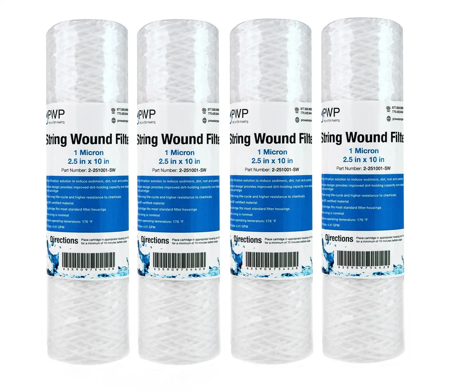 

String Wound Sediment Water Filter Cartridge Standard 2.5x10" 1 Micron 4 Pack