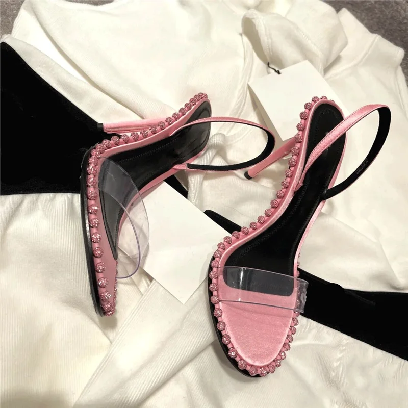 High Heels Women's Beaded Rhinestone Sandals 2023 Summer New Slim Heels Fashion Transparent Women's Shoes Sexy Sandals