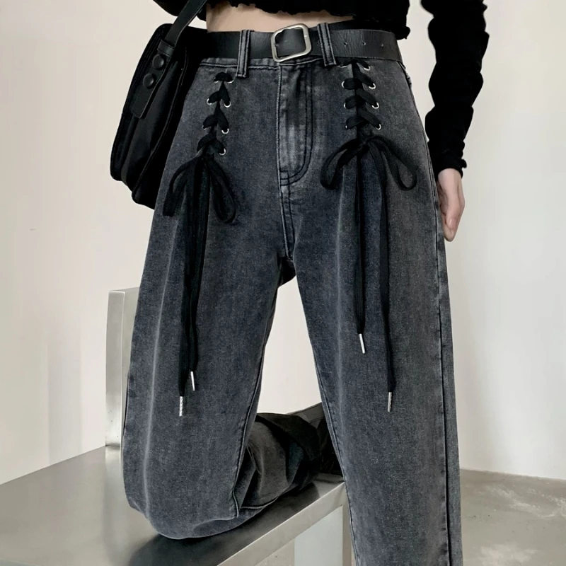 

Fashion Gothic High Waist Denim Pants Women Chic Lace-Up Straight Wide Leg Pants Female Harajuku Y2K Jeans Girly Punk Trousers
