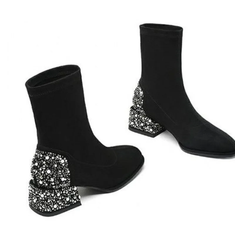 Осень/зима 2023 утягивающие ботинки на толстом каблуке с бриллиантами эластичные
