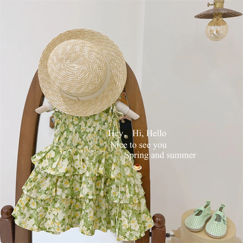 

Женское летнее зеленое многослойное платье, милое платье-трапеция на бретелях со шнуровкой, детское Повседневное платье принцессы длиной до колена, 2023