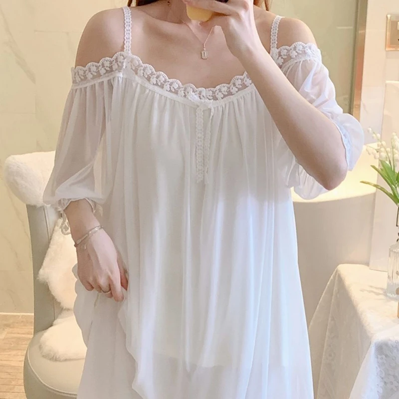 Pajamas For Women Set 2 Pieces Summer Short-Sleeved Sleepwear  Suspenders Nightdress Korean Kawaii Lace Mesh Thin Sexy Home Wear